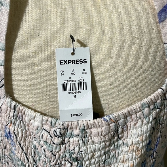 Express Floral Linen-Blend Puff Shoulder Tie Waist Romper Sz. M - Picture 15 of 15